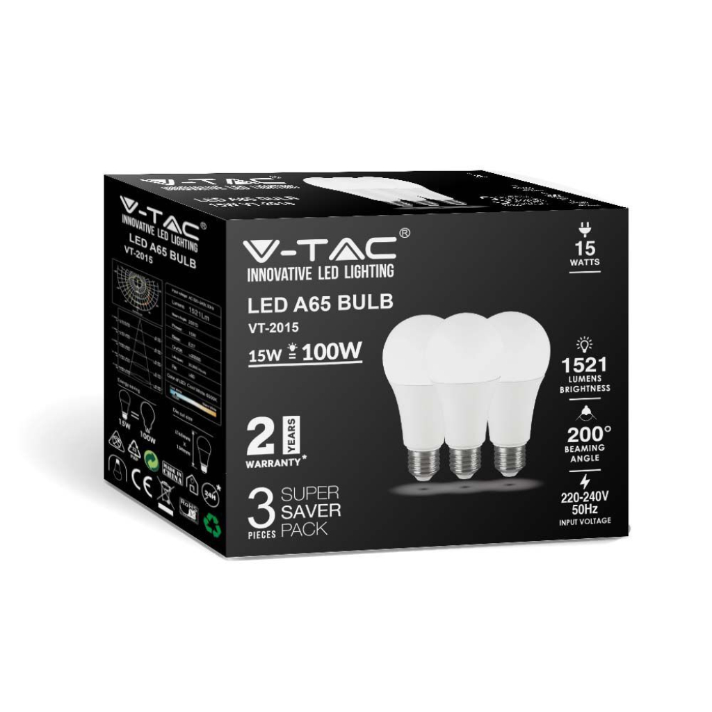 Ampoule LED E27 15 W — A65, 3000K (VT-2015-3PC)