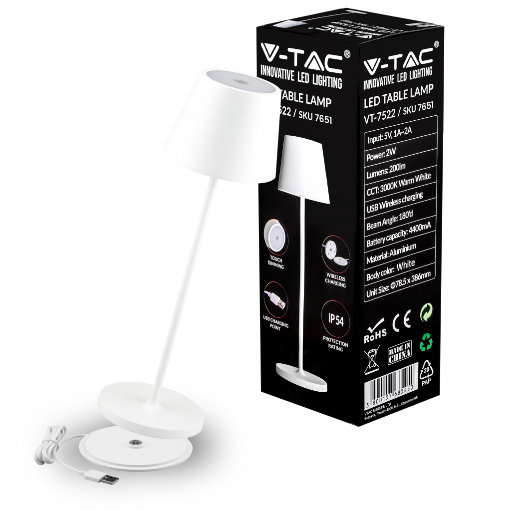 Lampe de table LED rechargeable 2 W — IP54, 3000K (VT-7522)