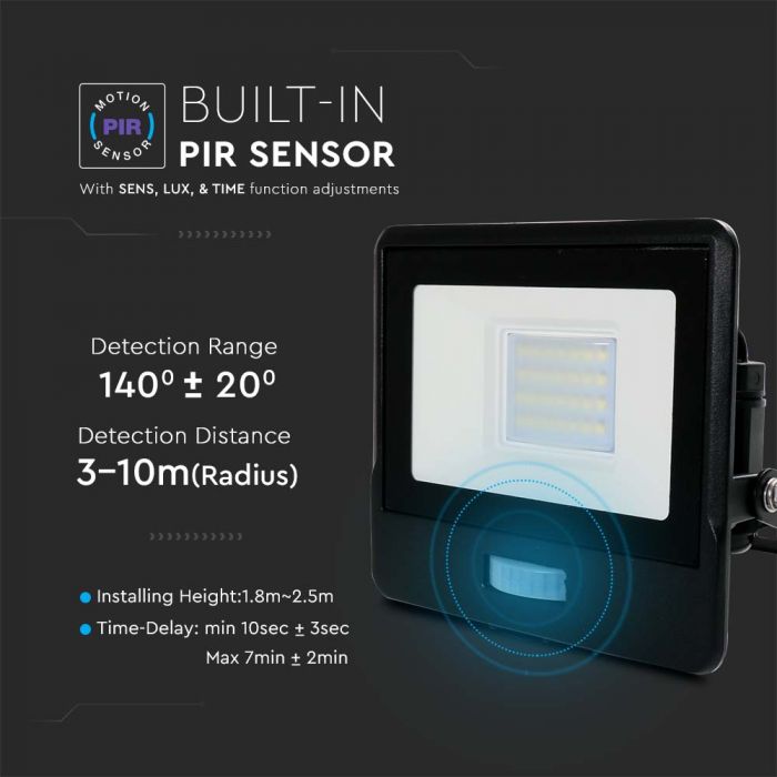 Projecteur LED 20W avec détecteur PIR VT-128S - Éclairage extérieur intelligent noir 4000K — 4000K Day White — vue 7