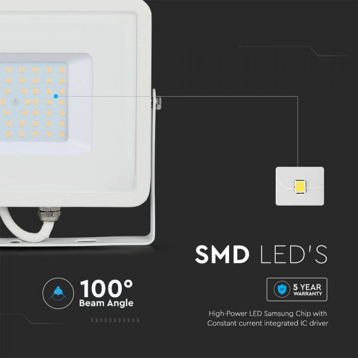 VT-50 50W Projecteur LED SMD Puce Samsung 4000K Corps Blanc — vue 5
