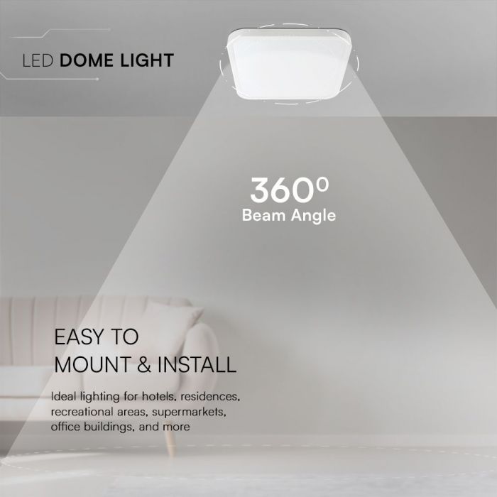 VT-8630 48W Lampe Dome LED Avec Puces Samsung 6500K Cadre Carre Blanc IP44 — 6500K White — vue 7