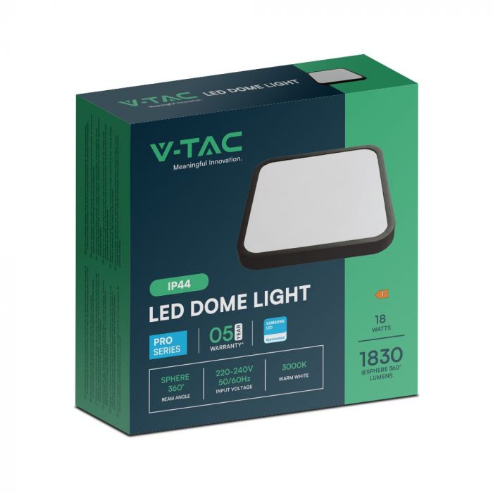VT-8618 18W LED Dome Light Puces Samsung 6500K Sq Cadre Noir IP44 — 6500K White — vue 8
