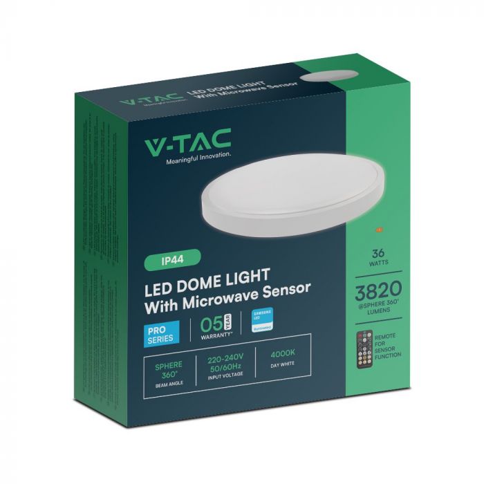 VT-8630S 36W LED Dome Light Sensor Puces Samsung 4000K Rd Cadre Blanc IP44 — 4000K Day White — vue 10