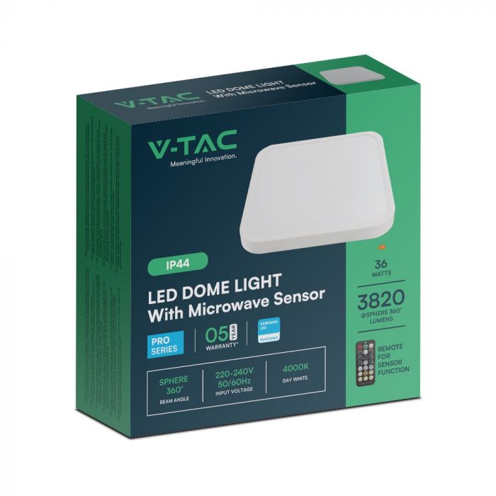 VT-8630S 36W LED Dome Light Sensor Puces Samsung 4000K Sq Cadre Blanc IP44 — 4000K Day White — vue 10