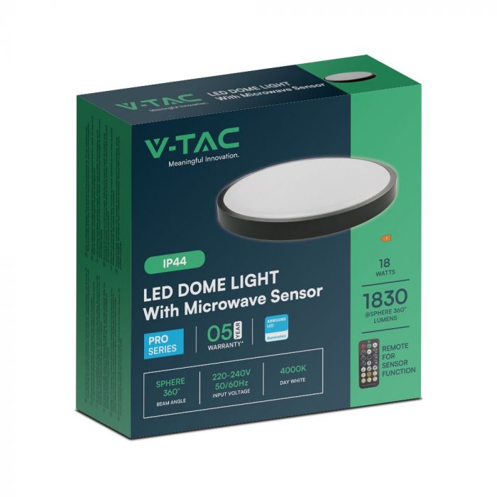 VT-8618S 18W LED Dome Light Sensor Puces Samsung 4000K Rd Cadre Noir IP44 — 4000K Day White — vue 10