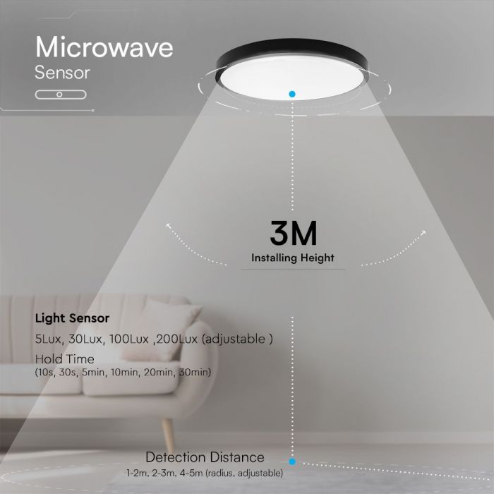 VT-8618S 18W LED Dome Light Sensor Puces Samsung 4000K Rd Cadre Noir IP44 — 4000K Day White — vue 7