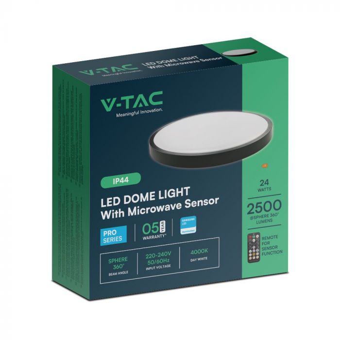 VT-8624S 24W LED Dome Light Sensor Puces Samsung 4000K Rd Cadre Noir IP44 — 4000K Day White — vue 10