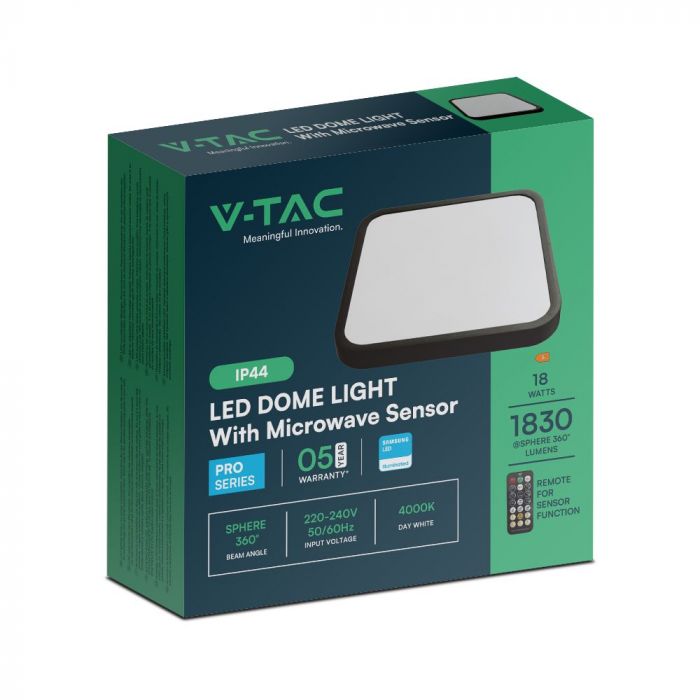 VT-8618S 18W LED Dome Light Sensor Puces Samsung 4000K Sq Cadre Noir IP44 — 4000K Day White — vue 10