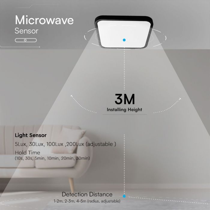 VT-8618S 18W LED Dome Light Sensor Puces Samsung 4000K Sq Cadre Noir IP44 — 4000K Day White — vue 7